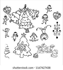 Childrens drawing doodle four spruce and many battering children a few Santa Clauses all play a working trace leaf

