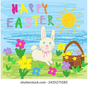 children's drawing “Happy Easter”, drawn with colored pencils. Easter bunny, basket with eggs, flowers, blue sky, sun. Vector illustration