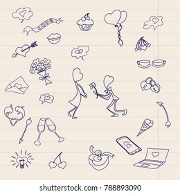 The children's drawing is drawn on a sheet of school notebook. Children's drawings of the icon. Happy Valentine's day. Funny drawings drawn with a pen. A vector.
