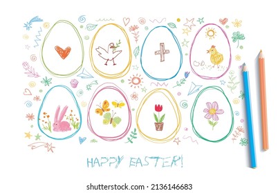 Children's drawing of easter doodles with colored crayons on white background