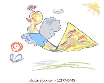 Children's drawing with a fantastic bird of happiness in gentle tones. For the decoration of children's clothing, dresses for girls, various children's things