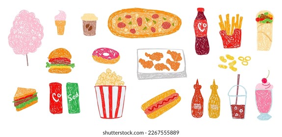 Children's drawing. Fast food  icons set