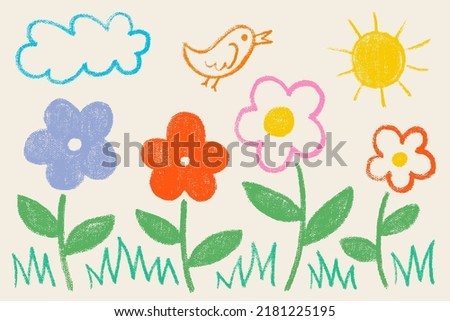 Similar – Image, Stock Photo Children drawing with flowers and colorful rainbow