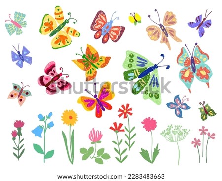 Children's drawing. Flowers, butterflies, ladybug, hearts on a white background
