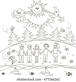 Children's drawing of friendship. Doodle. Vector illustration.