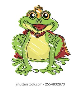 Children's drawing of a frog with crown, doodle style vector illustration. white background.