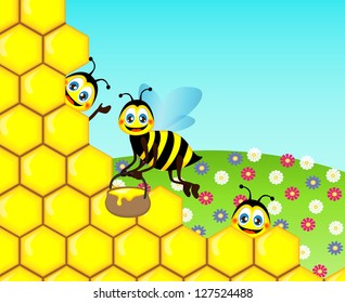 Children's drawing funny cute bees, vector illustration