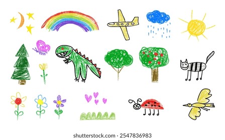 Children's drawing, graphic collection of little artists, high detail strokes. Children's drawing, cute doodles, kindergarten or elementary school level drawing. Vector graphic set, cute illustrations