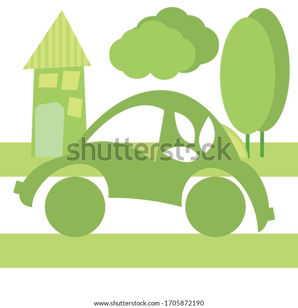 Children\'s drawing of a green electric car driving\
around the city