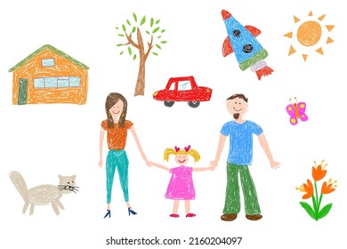 Children's drawing. Happy family with cat