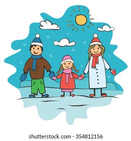 Children's drawing a happy family. Christmas card vector illustration