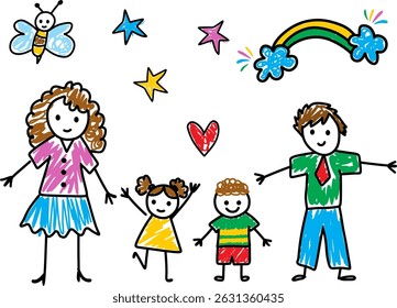 Children's drawing - Happy family, parents and children - Children's drawing - Children's illustration of a happy family with children's lines