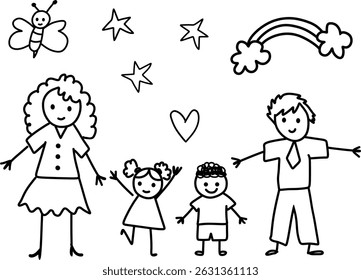 Children's drawing - Happy family, parents and children - Children's drawing - Children's illustration of a happy family with black lines for children