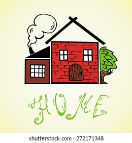 Children's drawing of a house with smoke from the chimney doodle vector