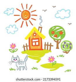 Children's drawing  House  trees  cat  sun  flowers   clouds  In cartoon style  Isolated white background  Vector illustration