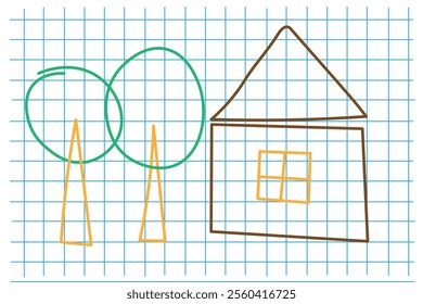 children's drawing of a house and trees on a notebook sheet
