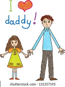 Children's drawing with an inscription "I love you Daddy!". The father and the daughter in a green dress