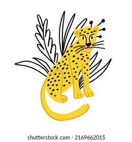 Dibujo infantil de un leopardo sentado en un fondo de hojas