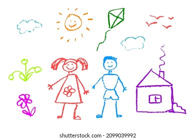 Children's drawing is made with pastels. House, boy, girl, kite, sun, clouds