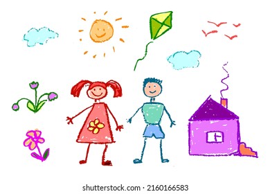 Children's drawing is made and pastels  House  boy  girl  kite  sun  clouds