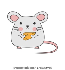 Children's drawing of a mouse with cheese. Simple vector illustration for theme design, isolated on white background