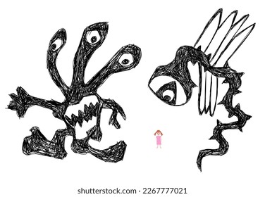 Children's drawing. Night monsters. Nightmare