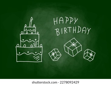 Children's drawing on green chalkboard, happy birthday. 