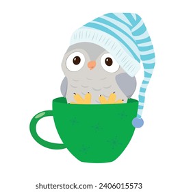 Dibujo infantil. Un búho con gorra de noche se sienta en una taza verde.