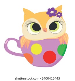 Children's drawing. An owl sits in a pink mug.