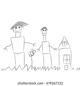 Children's drawing pencil, people and house