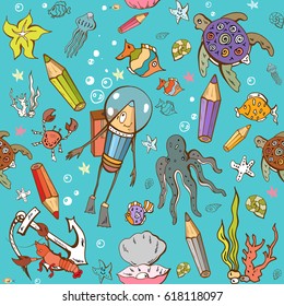 Children's drawing in pencils doodle seamless pattern. Marine life. Can be used for baby t-shirt print, fashion print design, kids wear, baby shower celebration. Vector illustration.