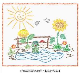 Children's drawing and pencils  Sunny summer in the village and sunflower  pond   frog  Vector 