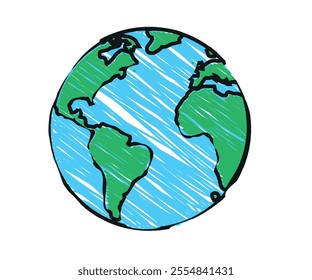 Children's drawing of planet Earth, doodle style vector illustration. white background.