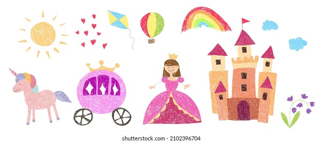 Children's Drawing. Princess With Castle, Carriage And Pegasus