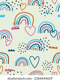 Dibujo infantil de arcos y corazones. Patrón vectorial de arcos dibujados a mano infantil, diseño lindo.