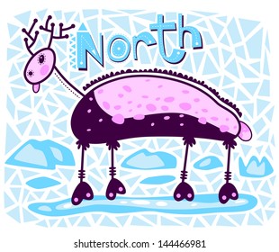 Children's drawing of reindeer standing on the blue snow and the snow hills. At the top of the deer inscription North.