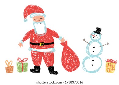 Children's drawing. Santa Claus and snowman. Vector illustration.