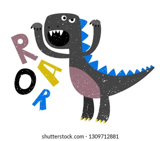 Childrens drawing of scary growling dinosaur flat. Growl dinosaur and monster. Vector illustration