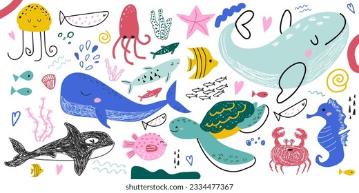 Children's drawing with sea animals. Vector illustration with cute animals, underwater world. Hand drawn in trendy doodle style - animals, plants, symbols.Children's drawing for textiles, posters.