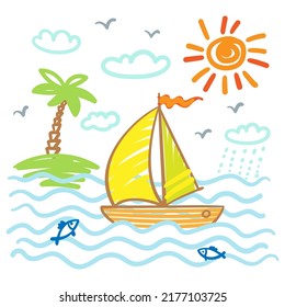 Children's drawing  Sea  ship  island  sun    clouds  In cartoon style  Isolated white background  Vector illustration