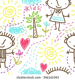 children's drawing seamless pattern with boy and girl. Just line. You can change the background