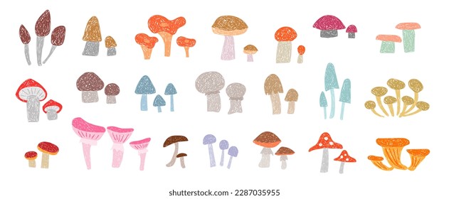 Children's drawing. Set of crowns mushrooms