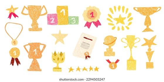 Children's drawing.  Set with cups and medals