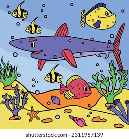 Children's drawing with sharks and fish. Vector stock illustration. Entertainment for kids. Seal. Cartoon. Animal. Line. Drawing