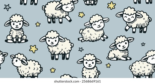 Children's drawing with sheep in pastel colors greeting card for newborns. Seamless animal background, cute vector texture for baby bedding, fabric, wallpaper, wrapping paper, textiles, T-shirt print