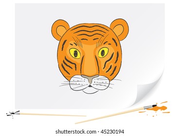 Children's drawing of a small tiger a brush paints on a paper