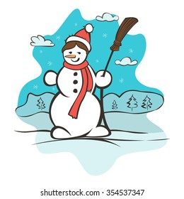 Children's drawing a snowman. Christmas card vector illustration