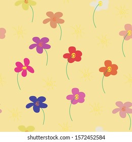 Children's drawing style, flowers pattern. Colorful flowers on blue background. Color design.