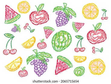 Children's drawing style fruit pattern. Colorful bright background. Crayon style icon on a white background. Grapes, apples, oranges, cherries, watermelons. Seamless texture with hand drawn elements.