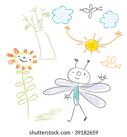 Children's drawing style vector. Cute nature elements.